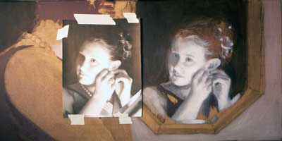 painting1-step2 step 2 - I changed direction and began doing a full black & white grisaille. I used a grayscale version of the photo to help me see the values better.