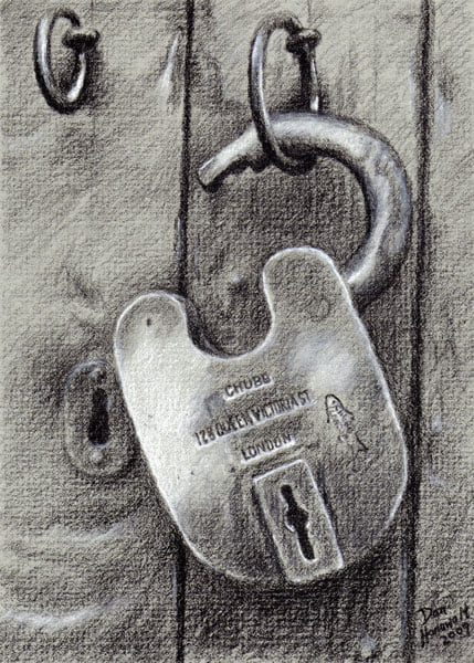 lock-drawing the finished drawing - black & white charcoal on gray canson paper